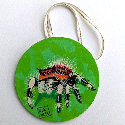 Jumping spider hand-painted ornament with ribbon